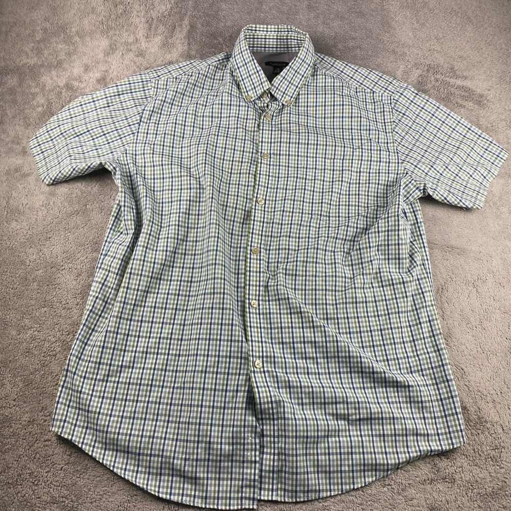 Van Heusen Button Down Shirt Mens Size Large 16-16.5 Blue Green Plaid Short